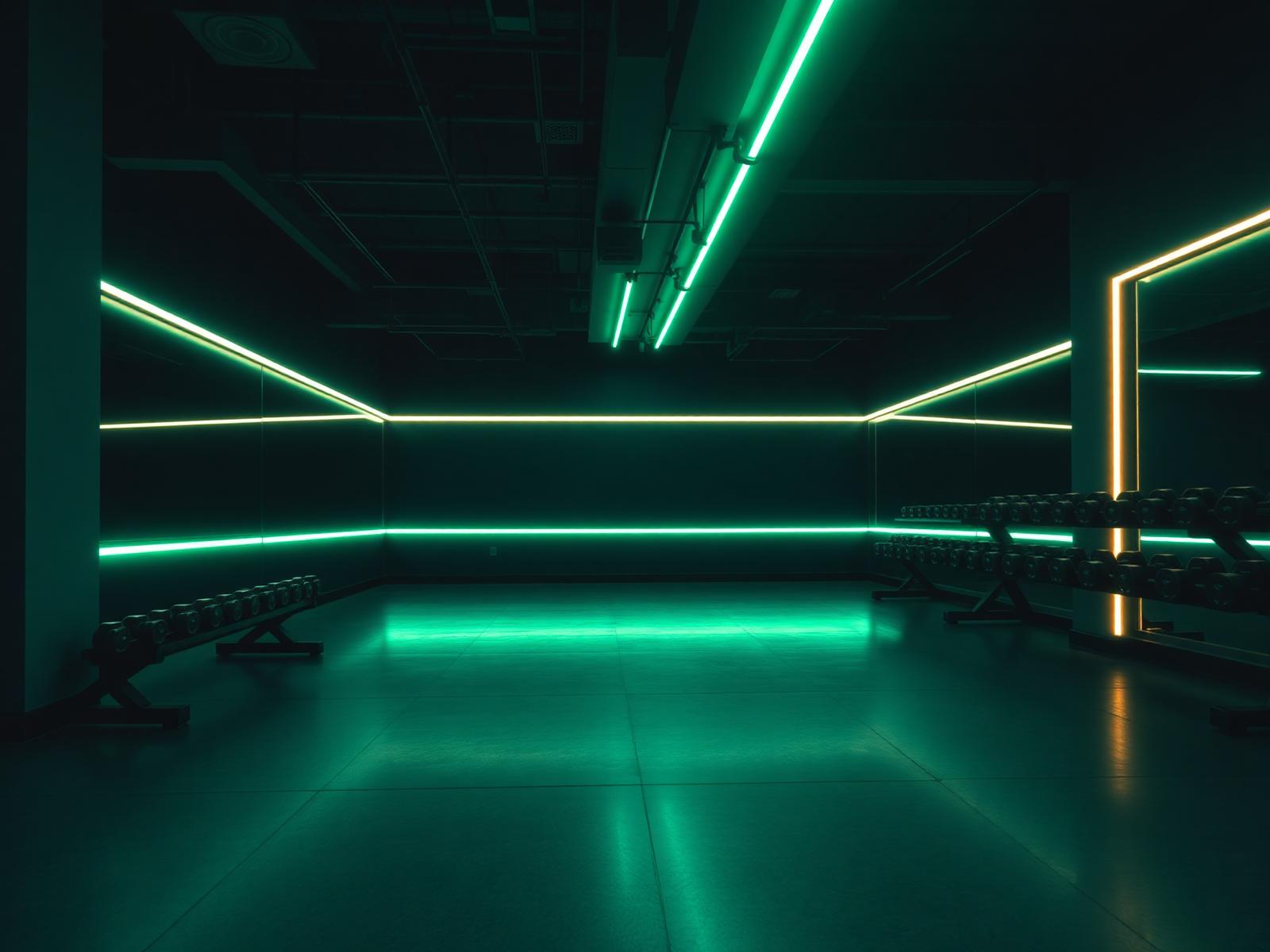 Modern boutique gym lit with neon mint accents
